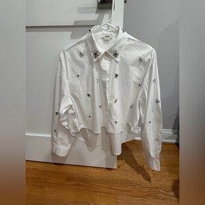 Jason Wu Shirt White M Crystal Jewel Embellished Cropped Button-up Blouse Top